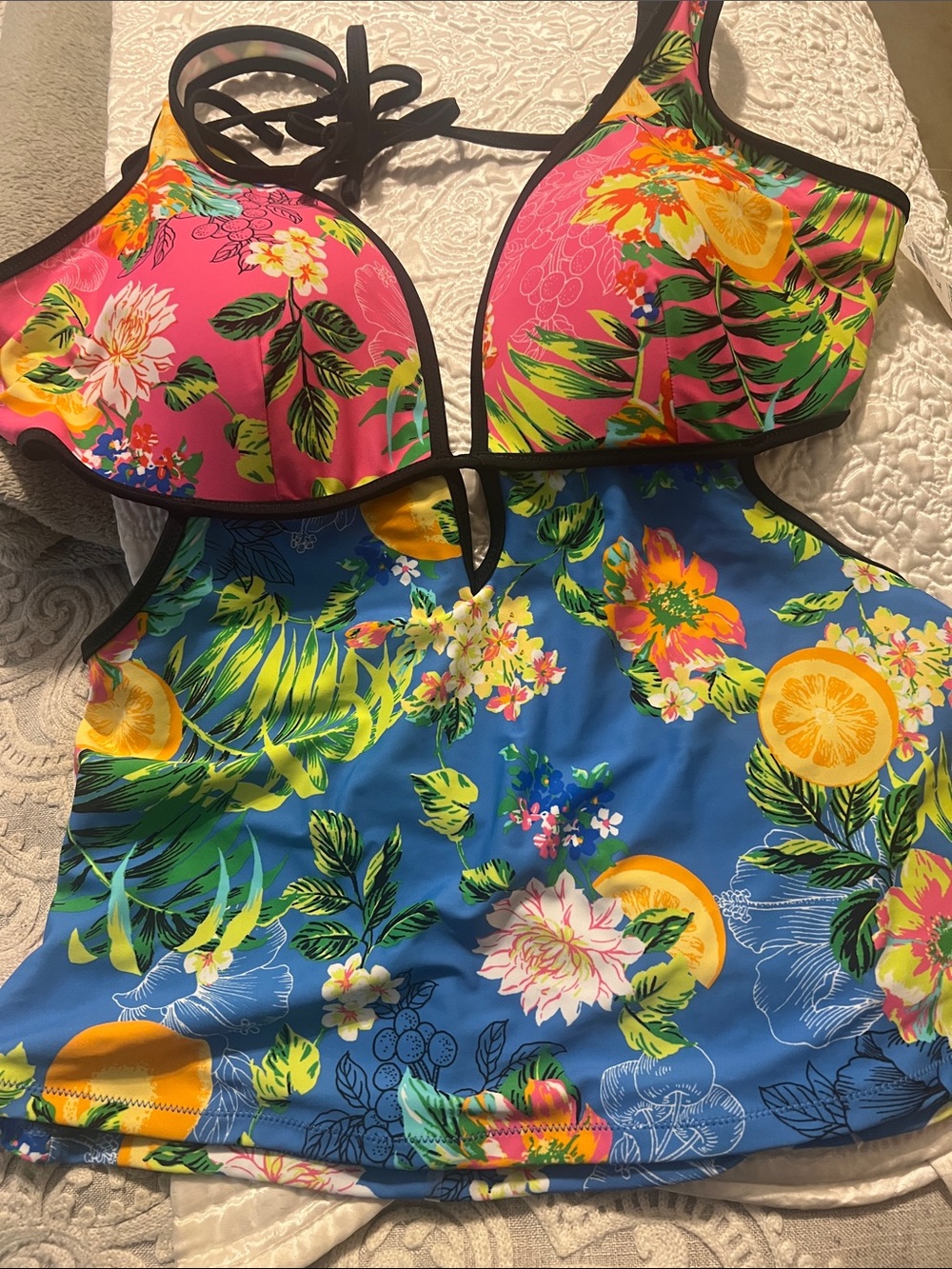 Bar III  NWT Neon Tropical Print Bikini Top in Pink, Green & Blue
